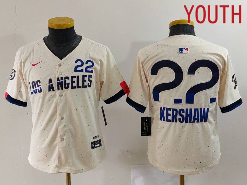 Youth Los Angeles Dodgers 22 Kershaw Cream Fashion Nike Game MLB Jersey style 703